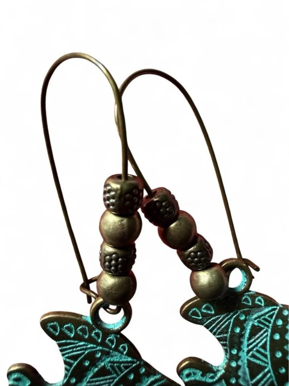 Handmade Verdigris Shell & Turquoise Drop Earrings - Boho Coastal Western - Picture 5 of 6